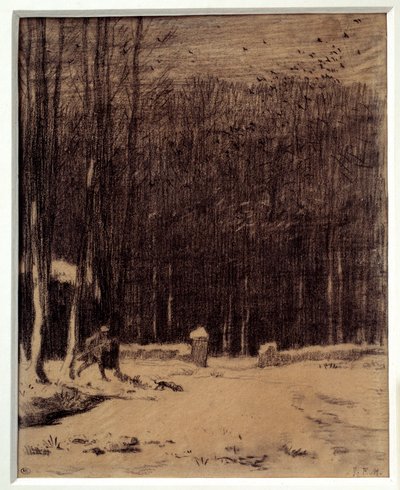 Barbizonin metsän sisäänkäynti, lumiefekti Jean Francois Milletin (1814-1875) musta lyijykynäpiirros Dim. 0,28 x 0,22 m Pariisi. Orsay-museo tekijältä Jean Francois Millet