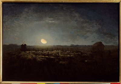 Lammaspuisto, kuutamo. Jean Francois Milletin (1814-1875) maalaus tekijältä Jean Francois Millet