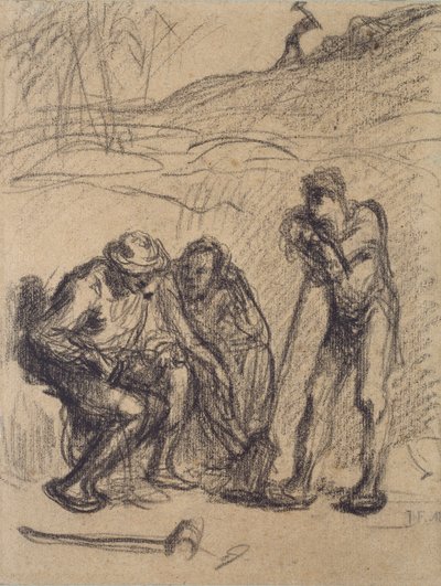 Kolme talonpoikaa lepäämässä, yksi lapioon nojaten, 1850-1851 tekijältä Jean Francois Millet