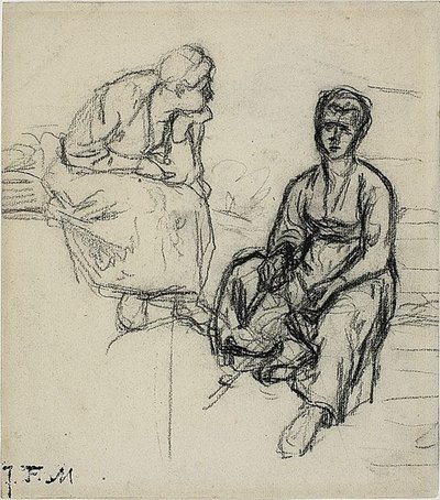 Kaksi tutkimusta istuvasta talonpojan naisesta (recto); Tutkimus nuoresta tytöstä, joka käyttää hattua (käänteinen) tekijältä Jean Francois Millet
