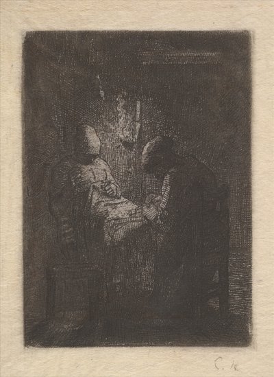 Kahden naisen ompelu lampunvalolla, n. 1853. tekijältä Jean Francois Millet