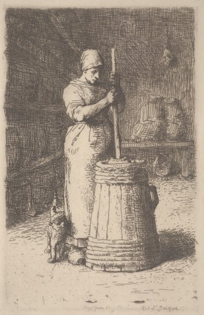 Woman Churning Butter, n. 1855-1856 (etsaus) tekijältä Jean Francois Millet