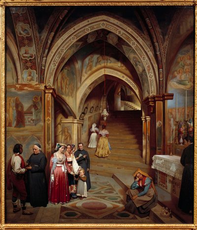 Näkymä San Subiacon benediktiiniläisluostarin kirkolle Jean Francois Montessuyn (1804-1876) maalaus tekijältä Jean-Francois Montessuy