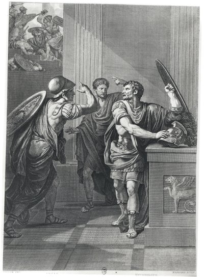Arcan and Mithridate, kuvitus Jean Racinen (1639-99) Mithridatesta, Massardin kaivertama tekijältä Jean François Pierre Peyron