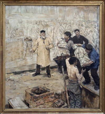 Luistelijalla. Jean Francois Raffaellin (1850-1924) öljymaalaus kankaalle, perustaja Eugene Gonon (1814-1892) valmistelee Jules Daloun (1838-1902) tekemän suuren reliefin kadonnutta vahavalua Pariisin Bourbon-palatsiin (kamari). Deputes), veistos tekijältä Jean Francois Raffaelli