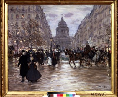 ""Boulevard Saint Michel"" Näkymä rue Soufflotille ja Pantheonille Luxembourgin puutarhasta ja Boulevard Saint-Michelistä Pariisissa, taksit ja tyylikkäät pariskunnat elävöittävät katua illan tullessa. Jean Francois Raffaellin maalaus (18 tekijältä Jean Francois Raffaelli