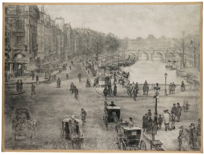 Pariisi, Place de Saint Michel, Quai des Grands Augustins ja Pont Saint Michel etualalla ja Pont Neuf ja Louvre taustalla, n. 1900 tekijältä Jean Francois Raffaelli