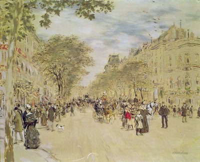 Pavillon de Hanovre ja Boulevard des Italiens, Pariisi, vuoden 1870 jälkeen (guassi ja wc paperilla) tekijältä Jean Francois Raffaelli