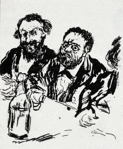 Taidemaalari Edouard Manet (1832-1883) ja kirjailija Emile Zola (1840-1902) pöydän ääressä Jean Francois Raffaellin (1850-1924) karikatyyri tekijältä Jean Francois Raffaelli