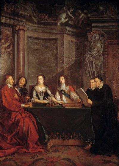 Omatuntoneuvosto: St. Vincent de Paul, kardinaali Jules Mazarinin (1602-1661), Peter Seguierin (1588-1672), Itävallan kuningatar Annen (1601-1666) ja Ludvig XIV:n alaisen omatuntoneuvoston johtaja. (1638). tekijältä Jean François de Troy