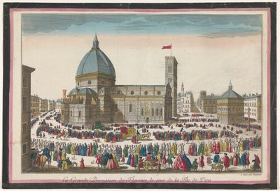 Näkymä Firenzen Duomolle ja kulkue Corpus Christille La grande kulkue de Florence, le jour de la fête de Dieu (otsikko esineessä) tekijältä Jean François Daumont