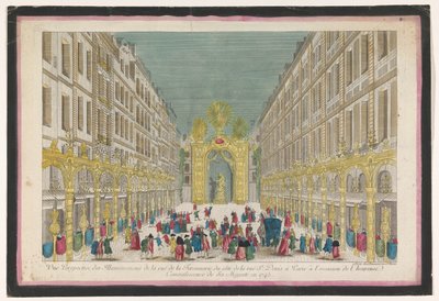 Näkymä Rue de la Feronnerie -kadun koristelusta Pariisissa Ranskan kuninkaan Ludvig XV:n entisöinnin yhteydessä vuonna 1745 Vue perspektiivi des illuminations de la Ruë de la Feronnerie du côté de la Ruë St. Denis a Paris (...) (nimi on o tekijältä Jean François Daumont