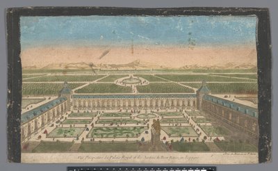 Näkymä puutarhaan ja Palacio del Buen Retirolle Madridissa Vüe ​​​​perspective du Palais Royal et des Jardins du Buen Retiro, en Espagne (otsikko esineessä) tekijältä Jean François Daumont