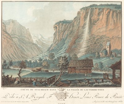 Chute de Staubbach, dans la Vallée de Lauterbrunnen (Staubbachin putoukset Lauterbrunnenin laaksossa) tekijältä Jean François Janinet after Caspar Wolf