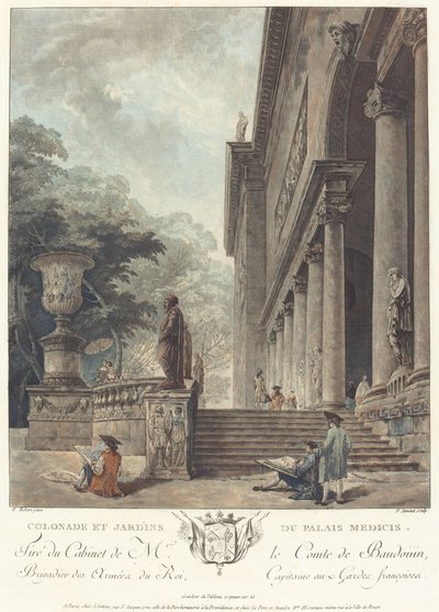 Medicin palatsin pylväikkö ja puutarhat tekijältä Jean François Janinet after Hubert Robert
