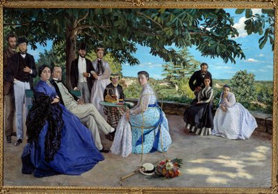 Perhetapaaminen: muotokuva ranskalaisesta porvaristoperheestä kokoontuneena puutarhaan. Vasemmalta oikealle: Jean Frederic Bazille, hänen setänsä Monsieur des Hours, hänen äitinsä ja isänsä, hänen serkkunsa Pauline ja tämän miehensä Monsieur Teulon, hänen  tekijältä Jean Frederic Bazille