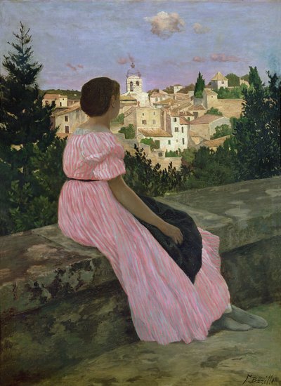 Vaaleanpunainen mekko tai näkymä Castelnau-le-Lezille, Herault, 1864 tekijältä Jean Frederic Bazille