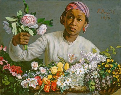 Nuori nainen pionien kanssa, 1870 tekijältä Jean Frederic Bazille