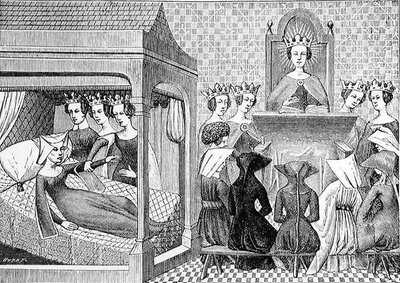 Kolme hyvettä, järki, rehellisyys ja oikeudenmukaisuus, kehottavat Christina de Pisania (n. 1364-1410) kirjoittamaan eettisen kirjan naisten ohjeeksi, esimerkki tieteestä ja kirjallisuudesta Middl. tekijältä Jean Georges after Huyot
