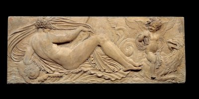 Nymfi ja pieni henki ratsastaa merihevosella; Nymfi ja Triton kahden pienen genin ympäröimänä. Matala helpotus. Jean Goujonin (1510-1567) kiviveistos tekijältä Jean Goujon