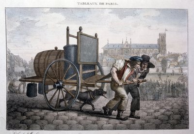 Entinen katuharrastus Pariisissa: kylpy kotona (kaksi miestä vetää kärryä, jonka tynnyri on täynnä vettä). Kaiverrus Jean Henry Marlet (1771-1847) teoksessa "" Les Tableaux de Paris"", 72 vedoksen sarja, 1800-luvun loppu. tekijältä Jean Henri Marlet