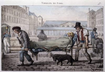 Entinen katumies Pariisissa: köyhä potilas johdattaa sairaalaan paareilla. Kaiverrus Jean Henry Marlet (1771-1847) teoksessa "" Les Tableaux de Paris"", 72 vedoksen sarja, 1800-luvun loppu. tekijältä Jean Henri Marlet