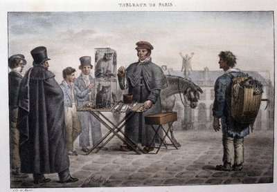 Entinen katumies Pariisissa: rotan kuoleman kauppias (camelot). Jean Henri Marketin (1771-1847) kaiverrus "" Les Tableaux de Paris" -sarjassa, 72 vedoksen sarja, 1800-luvun loppu. tekijältä Jean Henri Marlet