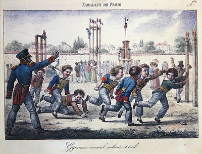 Urheilu- ja voimistelukoulutus pojille, kohtaus "Tableaux de Paris" -sarjasta, n. 1820 (värilitho) tekijältä Jean Henri Marlet