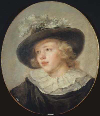 Fragonardille omistettu - Muotokuva nuoresta pojasta, jolla on höyhenhattu, noin 1785. tekijältä Jean Honore Fragonard