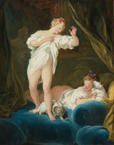 Kaksi tyttöä sängyllä leikkimässä koiriensa kanssa tekijältä Jean Honore Fragonard