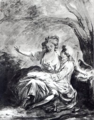 Rakkauden kohtaamispaikka (seepia paperilla) tekijältä Jean Honore Fragonard