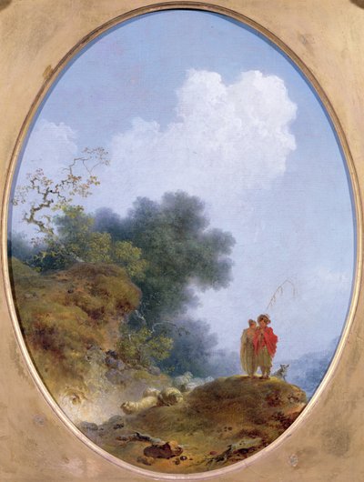 Paimen soittaa huilua samalla kun talonpoikatyttö kuuntelee, 1765 tekijältä Jean Honore Fragonard