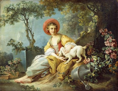 Nuori nainen istuu koiran ja kastelukannun kanssa puutarhassa, tekijältä Jean Honore Fragonard