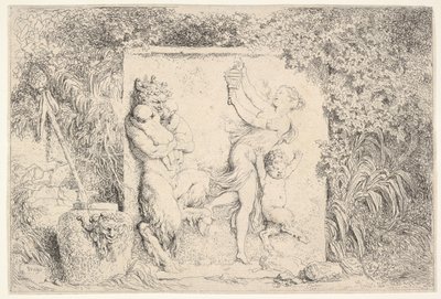 Bareljeef, jossa vasemmalla satyri pitelee kahta vauvaa ja toinen lapsisatiiri oikealla..., 1763. tekijältä Jean Honore Fragonard