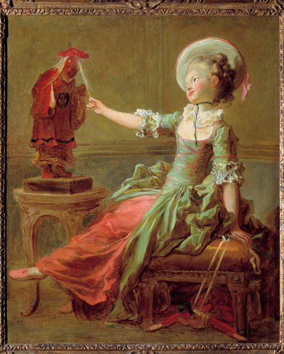 Nuori tyttö pitää hauskaa kiinalaisen patsaan kanssa, joka vetää hiuksiaan. Jean Honore Fragonardin (1732-1806) maalaus 1700-luku Yksityinen kokoelma tekijältä Jean Honore Fragonard