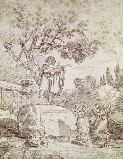 Italialainen kitaristi, joka soittaa kolmelle tanssitytölle (punainen liitu paperilla) tekijältä Jean Honore Fragonard