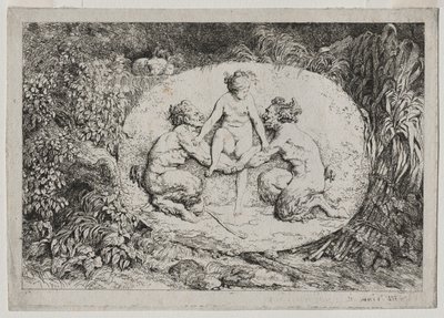 Bacchanales: Nymph, jota tukee kaksi satyyriä tekijältä Jean Honore Fragonard