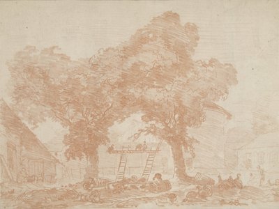 Maatila, jossa kaksi puuta, tikkaat välissä tekijältä Jean Honore Fragonard