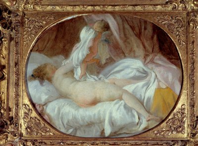 Erotiikka: "" Paita poistettu"" Nuori nainen riisuu paitansa Rakkauden avulla. Jean-Honore Fragonardin (1732-1806) maalaus Ennen 1778 Sun. 0,35x0,42 m. tekijältä Jean Honore Fragonard