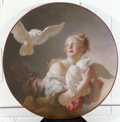 Tyttö pitelee kyyhkystä tekijältä Jean Honore Fragonard