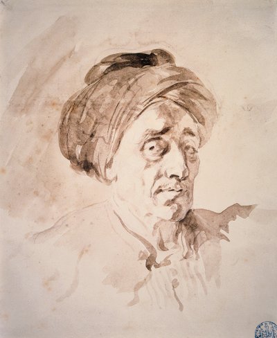 Pään kanssa turbaani Jean Honore Fragonardin (1732-1806) pesupiirros. 1700-luvun Besancon. Kuvataidemuseo tekijältä Jean Honore Fragonard