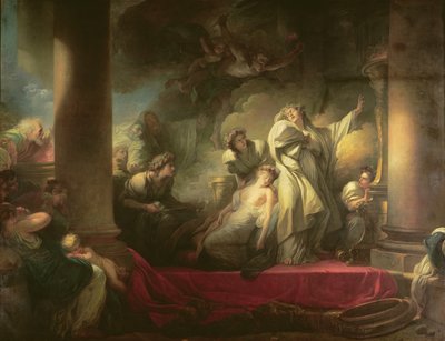Ylipappi Coresus uhraa itsensä pelastaakseen Callirhoen, kohtaus Pausaniaksen teoksesta Kreikan kuvaus (2. vuosisadalla jKr.) 1765 tekijältä Jean Honore Fragonard