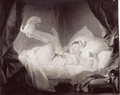 La Gimblette tai nuori tyttö, joka saa koiransa tanssimaan sängyllään (öljy kankaalle) (m/v kuva) tekijältä Jean Honore Fragonard