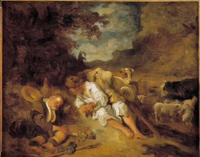 Mercury ja Argus Charge by Juno pitää Io muuttunut lehmäksi, Argus (Argos) nukahti. Paimeneksi naamioitunut Mercury saarnaa tappavansa hänet päästääkseen Jupiterin rakkaan nymfin. Jean Honore Fragonardin (1732-1806) maalaus Karel Fabritiuksen (1622-16) muk tekijältä Jean Honore Fragonard