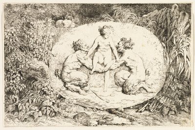 Nymfi istuu kahden satiirin käsissä Bacchanalesista eli satiirien leikeistä. tekijältä Jean Honore Fragonard