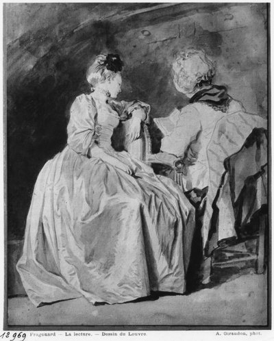 Lukeminen (musta kynä ja bistre ja pesu paperille) tekijältä Jean Honore Fragonard
