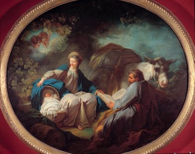 Lepo Egyptin lennon aikana Pyhä perhe lepää matkan aikana. Jean Honore Fragonardin (1732-1806) maalaus 1700-luku Yksityinen kokoelma tekijältä Jean Honore Fragonard