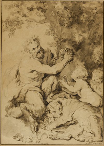 Satyr puristaa viinirypäleitä tiikerin vieressä tekijältä Jean Honore Fragonard