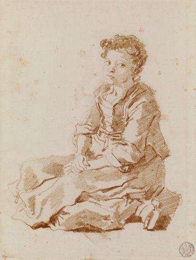 Pieni tyttö istuu maassa (punainen liitu paperille) tekijältä Jean Honore Fragonard