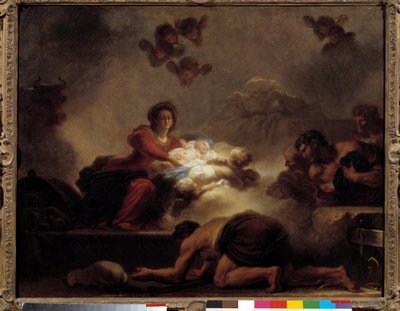 Jean-Honore Fragonardin (1732-1806) maalaus The Adoration of Shepherds. 1700-luvulla. Himmeä. 0,73x0,93 m. tekijältä Jean Honore Fragonard